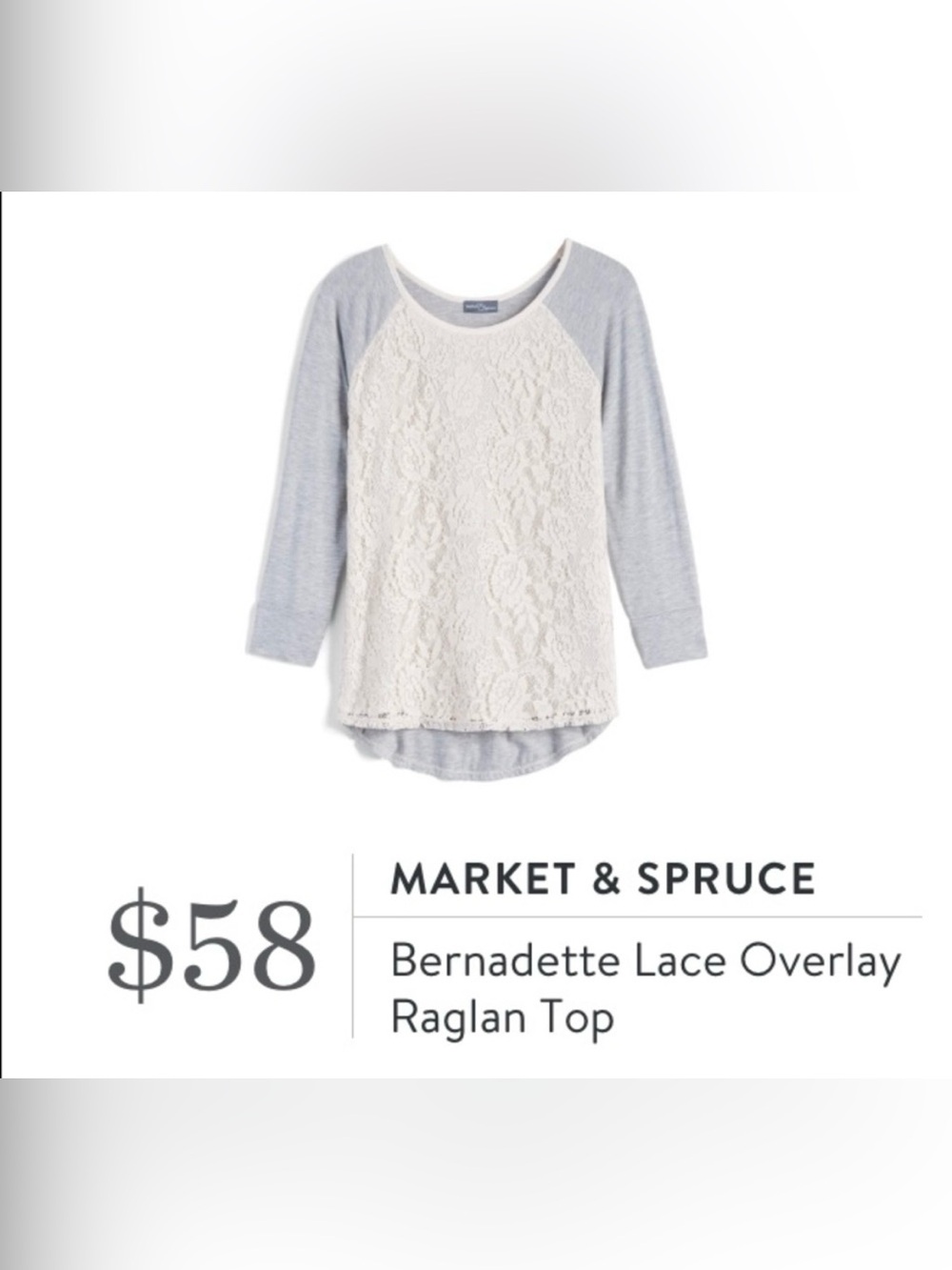 Market & Spruce Lace Front Raglan Top - Cream & Light Gray🍦